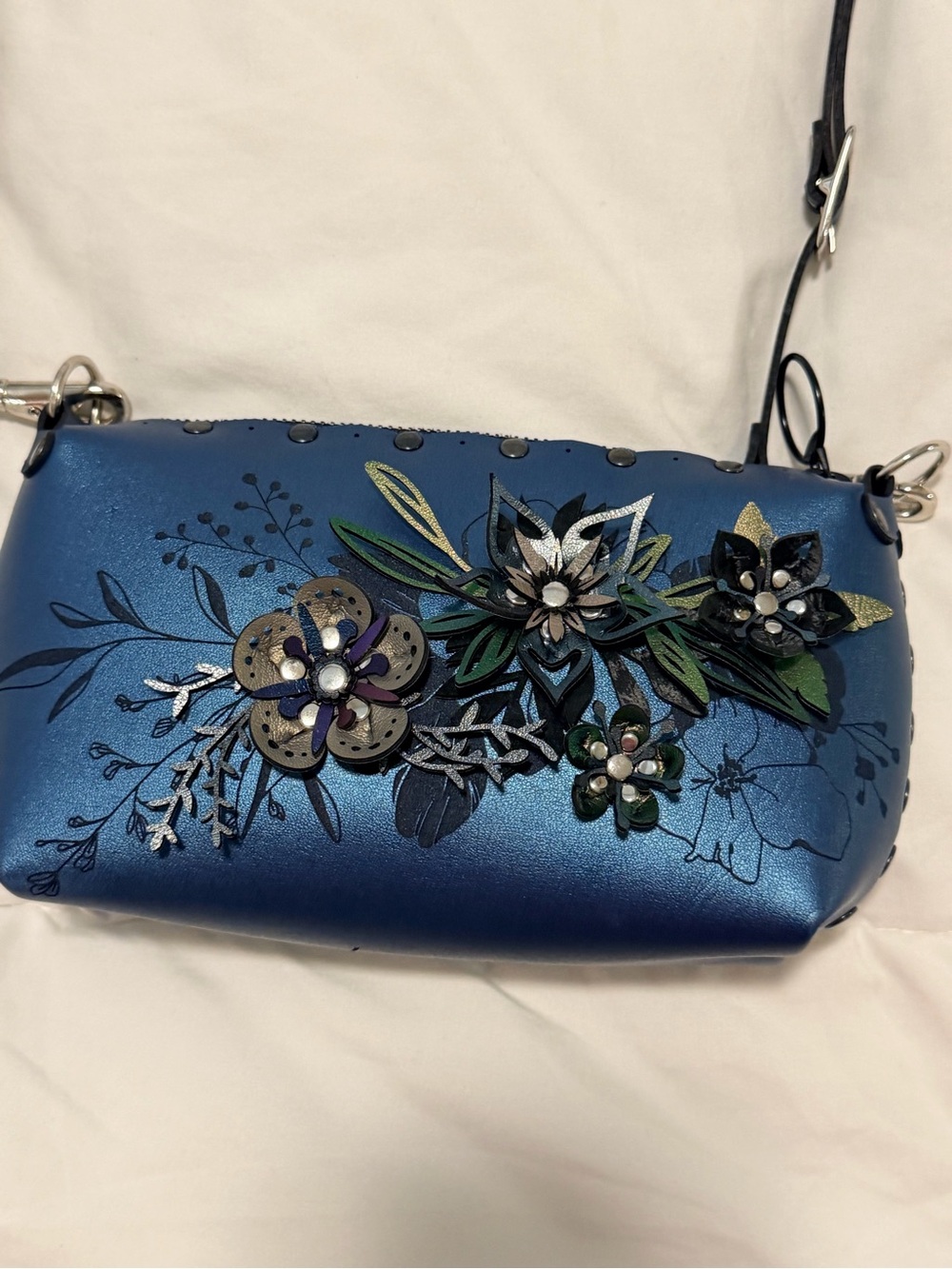 Artisan Vegan Leather Blue Floral Appliqué Crossbody Bag